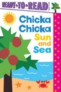 "Chicka Chicka Sun and Sea" steht in farbenfrohen Buchstaben. Illustration: Palme, Sonne, Meer, Strand mit Krabbe und Seesternen.