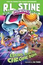 "R.L. Stine. Escape from the Chrome Dome." Bunte Comic-Figuren rennen auf einem Sci-Fi-Hintergrund mit Totenkopf.