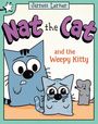 „Nat the Cat and the Weepy Kitty“ ist in großen, bunten Buchstaben dargestellt. Illustration: Zwei blaue Katzen und eine Maus.