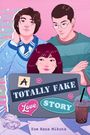 Texte: "A Totally Fake Love Story" und "Zoe Hana Mikuta". Illustration von drei Personen und Bubble-Tea auf rosa Hintergrund.