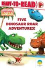 Text: "READY TO READ", "THE WORLD OF DINOSAUR ROAR!", "FIVE DINOSAUR ROAR ADVENTURES!" Bunte Dinosaurier und Palmen.