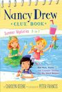 „Nancy Drew Clue Book“, „Summer Mysteries 3-in-1“. Drei Mädchen im Pool, eines trinkt, ein anderes hält einen Seestern.