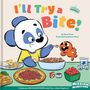 Titel: "I'll Try a Bite!" Oben rechts: "Sticker Page Inside!" Unten: "Celebrate BIG MILESTONES with Your Little Explorer!" Illustration eines Pandas, der einem freudigen orangen Wesen eine Gabel mit Essen reicht. Rundherum sind verschiedene Gerichte zu sehen.