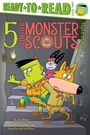 "5 Junior Monster Scouts" zeigt bunte Monsterfiguren auf einer Treppe in einem comicartigen Stil.