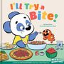 "I'll Try a Bite!" von Derek Shun und Benson Shum. Ein Panda mit gelbem Shirt füttert eine orange Figur an einem Tisch voller Essen.