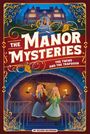 "The Manor Mysteries, The Twins and the Trapdoor, by Eileen Biltmore." Illustration: Zwei Mädchen mit Kerzen im dunklen Keller.