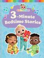 "3-Minute Bedtime Stories." Drei lächelnde Babys in Schlafanzügen, eines hält ein Stofftier. Musiknoten und Logo oben.