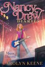 Text: „Nancy Drew Diaries: Major Discord, Carolyn Keene“. Illustration: Frau mit E-Gitarre auf Bühne, bunte Lichter und Feuerwerk.