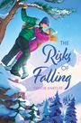 "The Risks of Falling" von Taylor Hartley. Illustration zweier Personen in Winterkleidung, die auf einem schneebedeckten Ast balancieren.