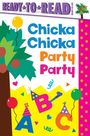 Text: "Chicka Chicka Party Party". Bunte Buchstaben mit Partyhüten, Luftballons und Konfetti.