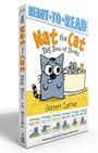 "Nat the Cat Big Box of Books." Illustration einer ängstlichen Katze vor einer Badewanne mit Seifenblasen und Spielzeugente.