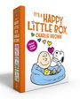 Text: "It's a Happy Little Box, Charlie Brown! Sticker sheet inside!" Illustration von Charlie Brown und Snoopy mit Herzen.