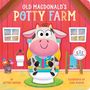 „Old MacDonald's Potty Farm“. Zeichnung: Kuh auf Toilette, liest Buch vor roter Wand, umgeben von Fenstern und Blumen.