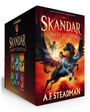 "The Skandar Complete Collection" von A.F. Steadman. Ein geflügeltes Einhorn und ein Reiter in dynamischer Szene.