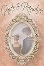 „Pride & Prejudice“. Illustration in einem verzierten Rahmen zeigt ein Paar im Profil auf einem floralen Hintergrund.