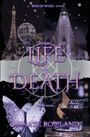 Titel: "Beyond Life & Death". Autor: Renate Rowland. Oben: Eiffelturm und modernes Gebäude bei Nacht. Unten: Engel und Cocktail.