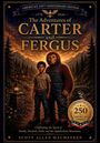 Buchtitel: "The Adventures of Carter and Fergus". Junge und affenähnliche Figur vor Bergkulisse im Sonnenuntergang.