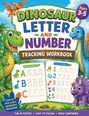 „DINOSAUR LETTER AND NUMBER TRACKING WORKBOOK“, „Ages 3-5“. Dinosaurier umrahmen den Titel. Illustrationen von Buchstaben und Zahlen zum Nachziehen.
