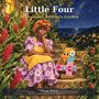 "Little Four in Grandma Beltina's Garden" zeigt eine ältere Frau in bunter Kleidung, umgeben von Pflanzen und einem fröhlichen, großen Zahlen-Symbol mit Gesicht.