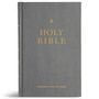 Text: "HOLY BIBLE" und "CHRISTIAN STANDARD BIBLE" auf grauem Hardcover in goldener Schrift.