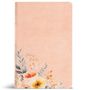 "Holy Bible" steht in goldener Schrift auf einem rosa Hintergrund, verziert mit Blumenillustrationen in sanften Farben.