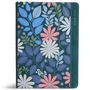 Text: "HOLY BIBLE". Ein florales Design mit blauen, rosa und weißen Blumen und Blättern auf einem dunklen Hintergrund.