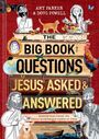 "THE BIG BOOK OF QUESTIONS JESUS ASKED & ANSWERED" steht auf Bücherstapel mit Illustrationen von Tieren und Personen.