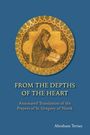 "FROM THE DEPTHS OF THE HEART", darunter "Annotated Translation of the Prayers of St. Gregory of Narek" und "Abraham Terian". Eine goldene Illustration eines betenden Heiligen vor blauem Hintergrund.