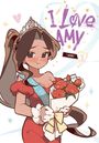 Text: "I Love Amy", "UNNI", "Vol. 3", "The Prom". Illustration: Frau in rotem Kleid mit Tiara, hält Blumenstrauß.