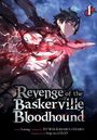 „Revenge of the Baskerville Bloodhound“, Mann mit schwarzem Haar, rote leuchtende Klinge, dynamische Pose, Nachthimmel.