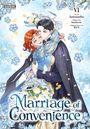 "Titel: Marriage of Convenience. Paar in liebevoller Umarmung, dekoriert mit blauen Blumen und goldenen Blättern."