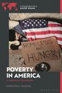 Texte: "HOMELESS AND HUNGRY", "POVERTY IN AMERICA", "contemporary world issues". Illustration: Person unter US-Flagge mit Schild.