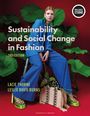 "Sustainability and Social Change in Fashion, 2nd Edition, Lacie Thorne, Leslie Davis Burns. Frau in blauem Anzug vor großen Blättern."