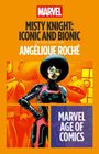 Oben: "Misty Knight: Iconic and Bionic". Darunter eine Frau in einem futuristischen Anzug mit Afro und Brille.