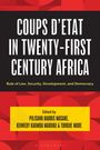 "COUPS D’ÉTAT IN TWENTY-FIRST CENTURY AFRICA" in Weiß, schwarze Schrift auf rotem und schwarzem Hintergrund.