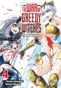 „THE WAR OF GREEDY WITCHES“, zwei kämpfende Frauen mit Blut und Fantasy-Rüstungen, dramatische und dynamische Szene.