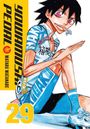 "Yowamushi Pedal 29" steht in gelbem und schwarzem Text. Ein Manga-Charakter in Fahrradkluft sitzt lächelnd.