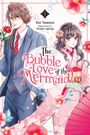"The Bubble Love of the Mermaid." Illustration mit einem jungen Mann im Anzug und einer Frau im Kimono, umgeben von Blumen.