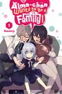 Titel: "Alma-chan Wants to Be a Family!". Drei Figuren auf einem Sofa, eine hält die Hand eines Mädchens mit blauen Haaren.