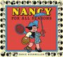 "Nancy For All Seasons" mit einer Figur, die Tennisschläger, Handschuh und Regenschirm trägt, umgeben von comicartigen Gesichtern.