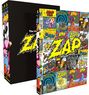 Cover mit "ZAP" in gelbem Blitz; darunter bunte Comic-Cover-Collage auf Box und Buch.