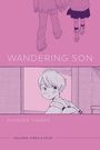 Text: "Wandering Son", "Shimura Takako", "Volumes Three & Four".  
Illustration: Kind schaut nach hinten, zwei Kinder halten Händchen.