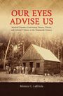 Buchtitel: "Our Eyes Advise Us". Thema: Marshall Islanders im 19. Jhd. Hütte mit Menschen in Palmenwald. Autorin: Monica C. LaBriola.