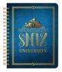 "SNÖZ UNIVERSITY" steht in Gold auf blauem Hintergrund. Darüber eine goldene Silhouette von Gebäuden. Geometrischer Rand.