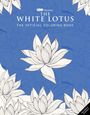 "HBO Original. The White Lotus. The Official Coloring Book" auf blauem Hintergrund mit weißen Lotusblumen.