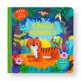 "Jungle Animals" in gelber Schrift, ein fröhlicher Tiger im Dschungel mit Affe und Tukan. Bunte, kindgerechte Illustration.