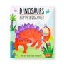 "DINOSAURS POP UP & DISCOVER" mit einem bunten Dinosaurier in einer tropischen Landschaft, helle Farben, spielerisch.