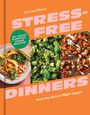 "STRESS-FREE DINNERS: 90+ Quick Everyday Vegan Recipes." Drei Fotos mit veganen Gerichten auf orangefarbenem Hintergrund.