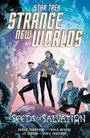 "Star Trek: Strange New Worlds. The Seeds of Salvation. Illustration mit vier Figuren in futuristischer Umgebung."