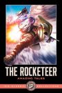„THE ROCKETEER AMAZING TALES“. Eine dynamische Illustration eines fliegenden Helden mit Helm und Raketenrucksack.